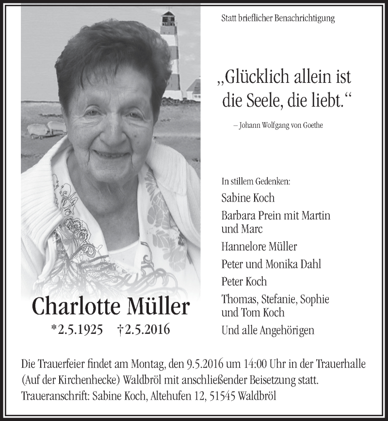  Traueranzeige für Charlotte Müller vom 04.05.2016 aus  Lokalanzeiger 