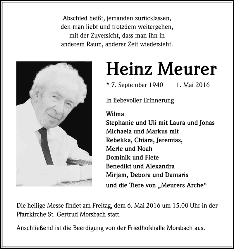  Traueranzeige für Heinz Meurer vom 03.05.2016 aus Kölner Stadt-Anzeiger / Kölnische Rundschau / Express