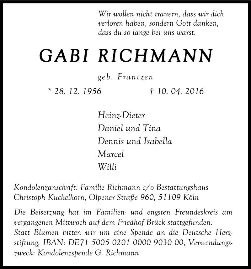  Traueranzeige für Gabi Richmann vom 30.04.2016 aus Kölner Stadt-Anzeiger / Kölnische Rundschau / Express