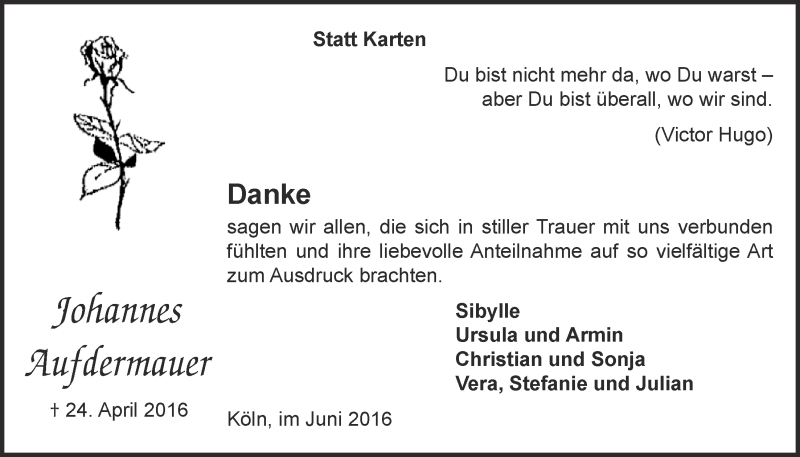  Traueranzeige für Johannes Aufdermauer vom 01.06.2016 aus  Kölner Wochenspiegel 