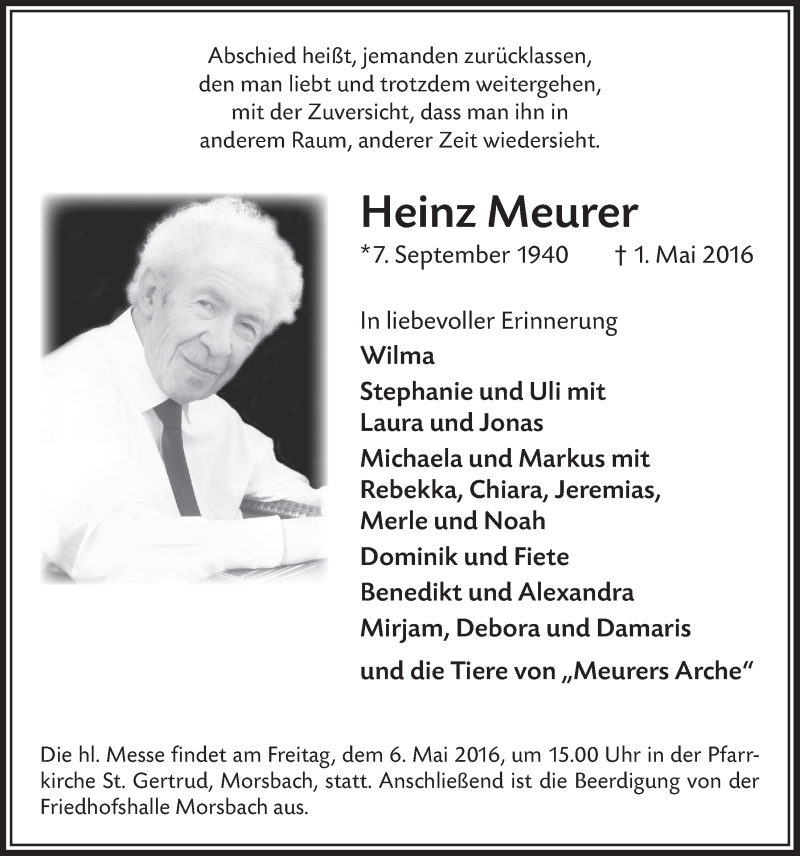  Traueranzeige für Heinz Meurer vom 04.05.2016 aus  Lokalanzeiger 