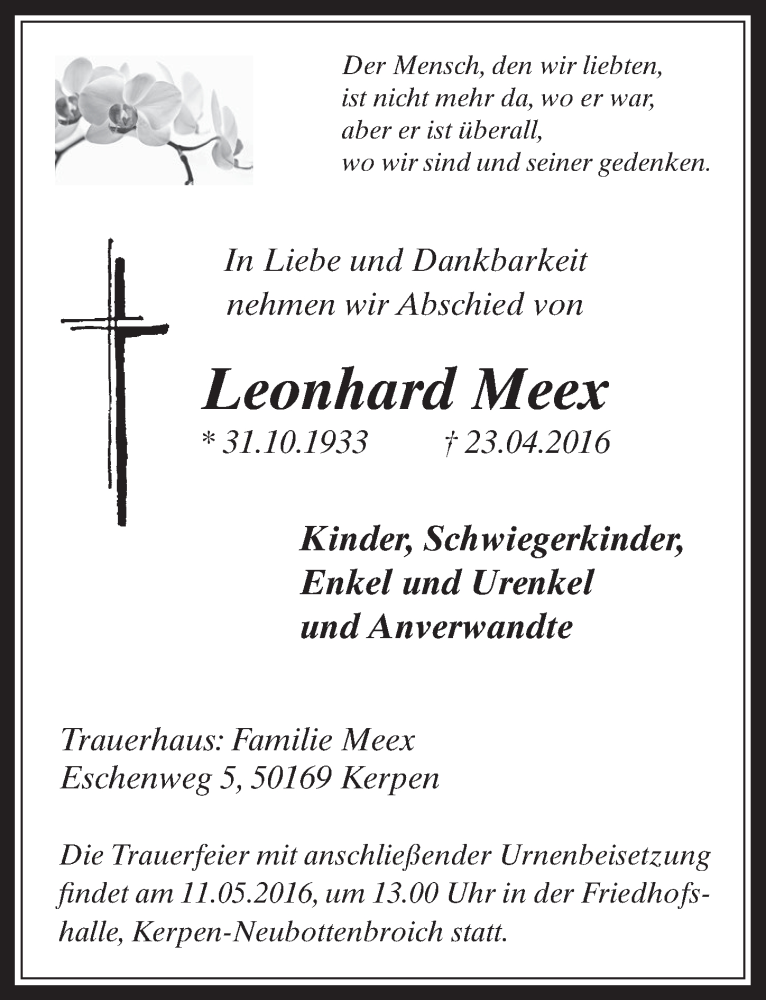  Traueranzeige für Leonhard Meex vom 04.05.2016 aus  Werbepost 