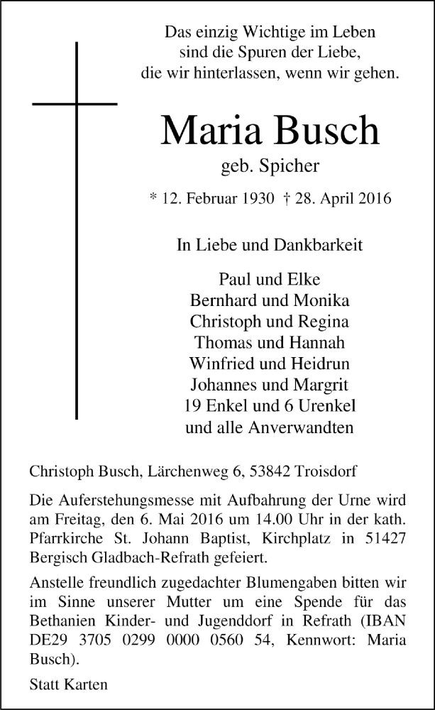  Traueranzeige für Maria Busch vom 04.05.2016 aus  Bergisches Handelsblatt 