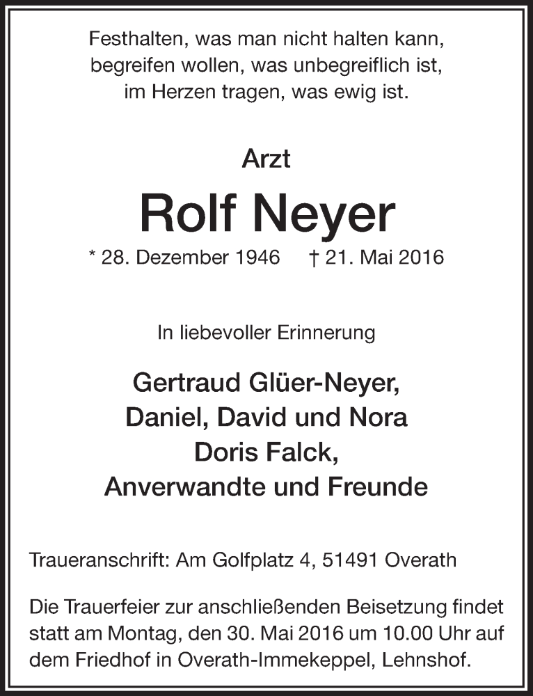  Traueranzeige für Rolf Neyer vom 28.05.2016 aus  Bergisches Sonntagsblatt 