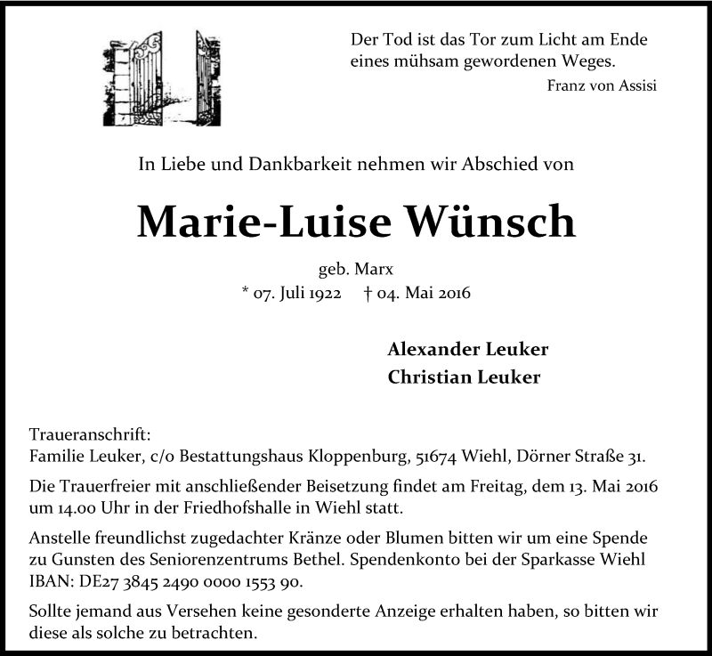  Traueranzeige für Marie-Luise Wünsch vom 10.05.2016 aus Kölner Stadt-Anzeiger / Kölnische Rundschau / Express