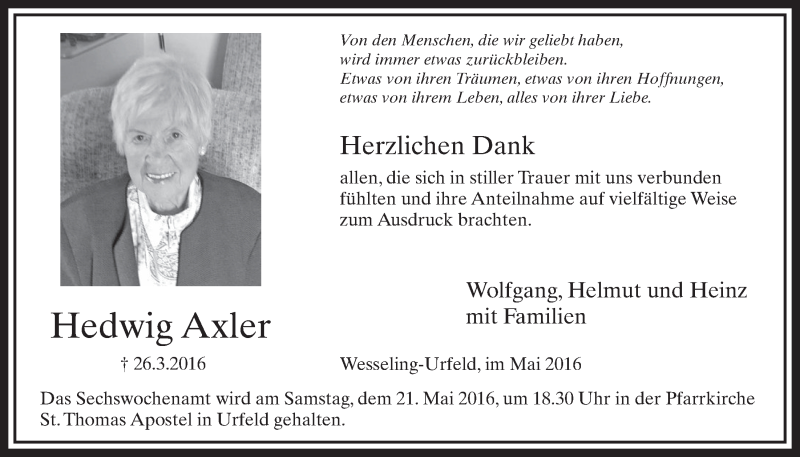  Traueranzeige für Hedwig Axler vom 04.05.2016 aus  Schlossbote/Werbekurier 