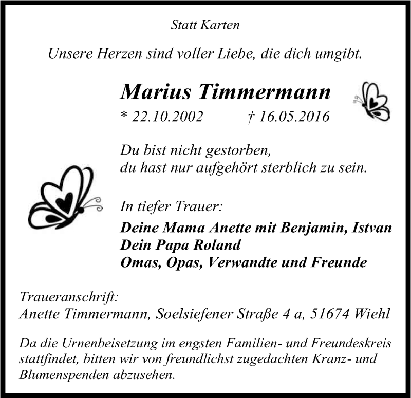  Traueranzeige für Marius Timmermann vom 21.05.2016 aus Kölner Stadt-Anzeiger / Kölnische Rundschau / Express