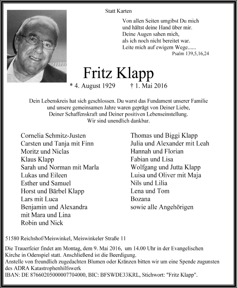  Traueranzeige für Fritz Klapp vom 04.05.2016 aus  Lokalanzeiger 