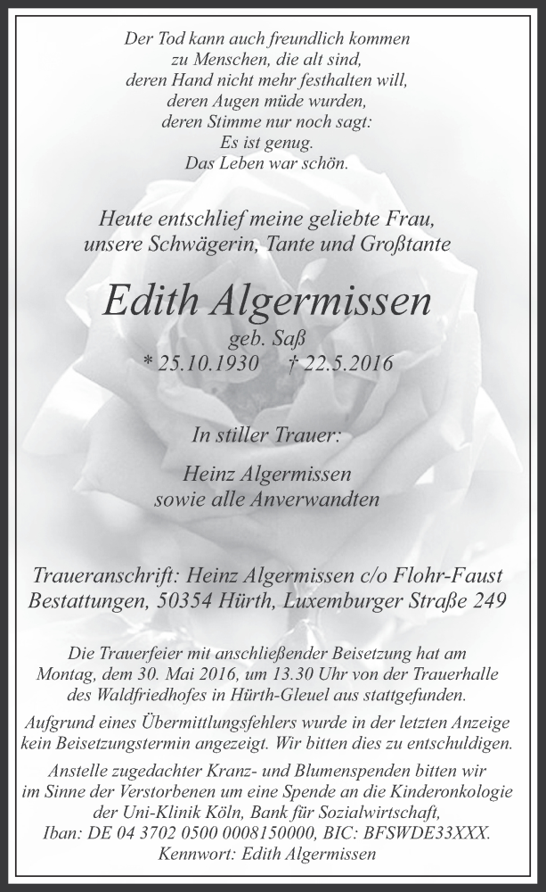  Traueranzeige für Edith Algermissen vom 01.06.2016 aus  Wochenende 