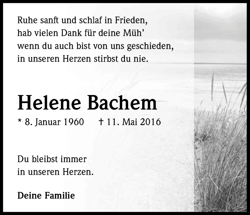  Traueranzeige für Helene Bachem vom 18.05.2016 aus Kölner Stadt-Anzeiger / Kölnische Rundschau / Express