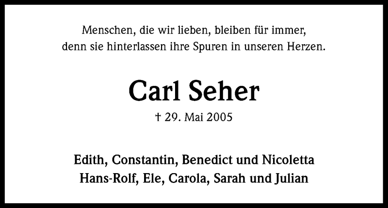  Traueranzeige für Carl Seher vom 28.05.2016 aus Kölner Stadt-Anzeiger / Kölnische Rundschau / Express