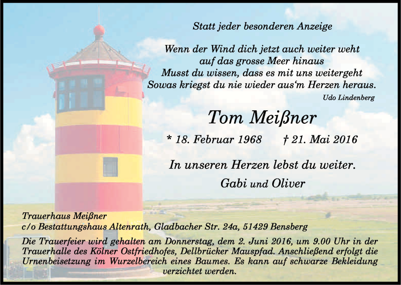  Traueranzeige für Tom Meißner vom 31.05.2016 aus Kölner Stadt-Anzeiger / Kölnische Rundschau / Express