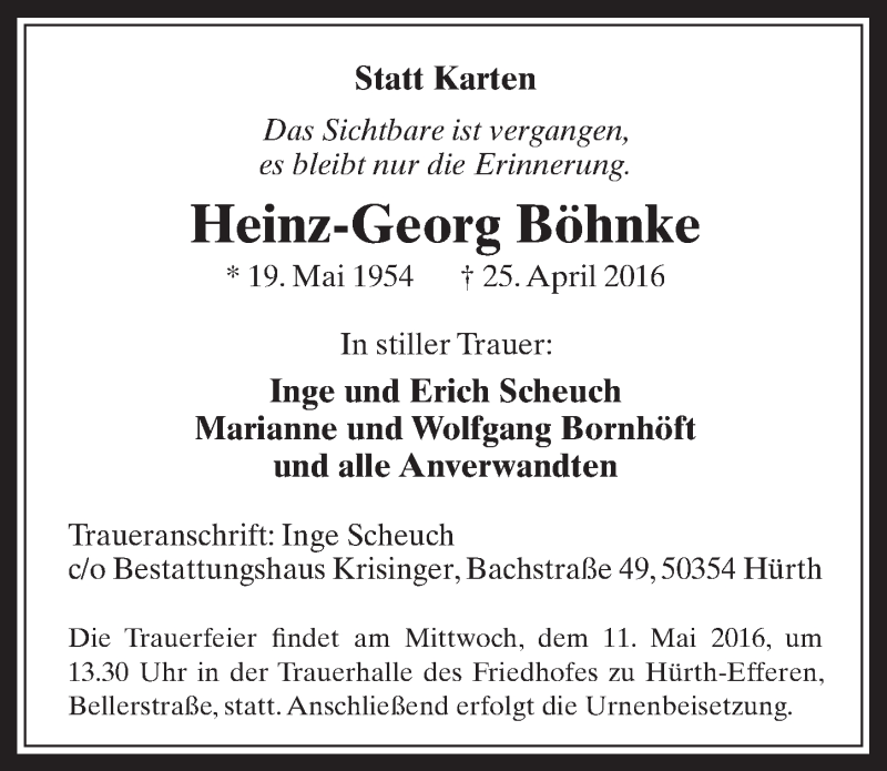  Traueranzeige für Heinz-Georg Böhnke vom 04.05.2016 aus  Wochenende 