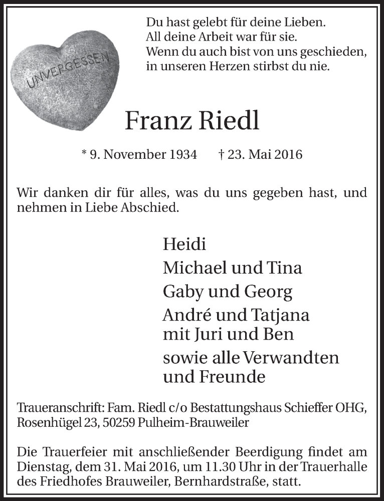  Traueranzeige für Franz Riedl vom 28.05.2016 aus  Sonntags-Post 
