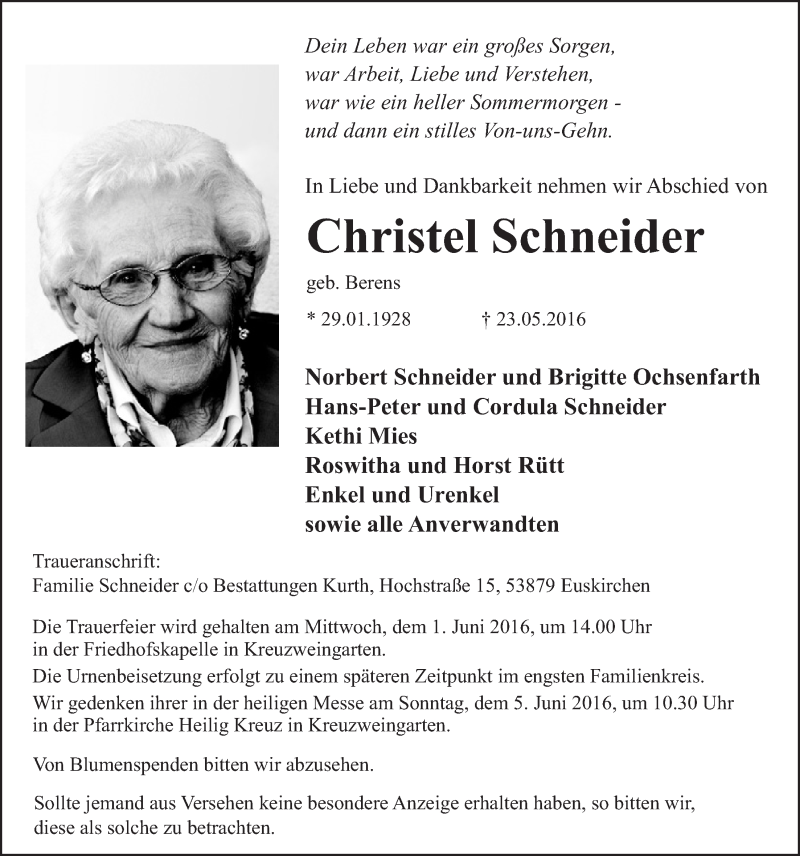 Traueranzeige für Christel Schneider vom 28.05.2016 aus  Blickpunkt Euskirchen 