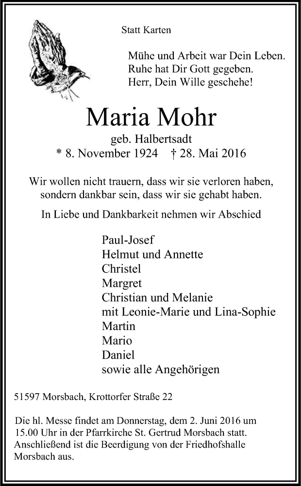  Traueranzeige für Maria Mohr vom 31.05.2016 aus Kölner Stadt-Anzeiger / Kölnische Rundschau / Express