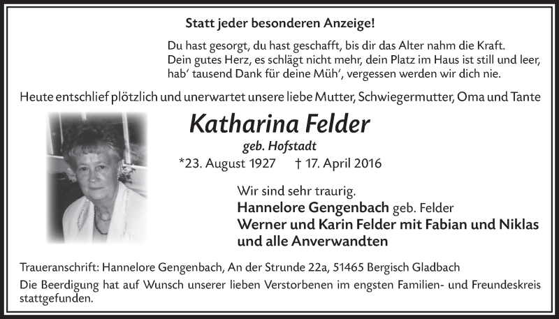  Traueranzeige für Katharina Felder vom 04.05.2016 aus  Bergisches Handelsblatt 