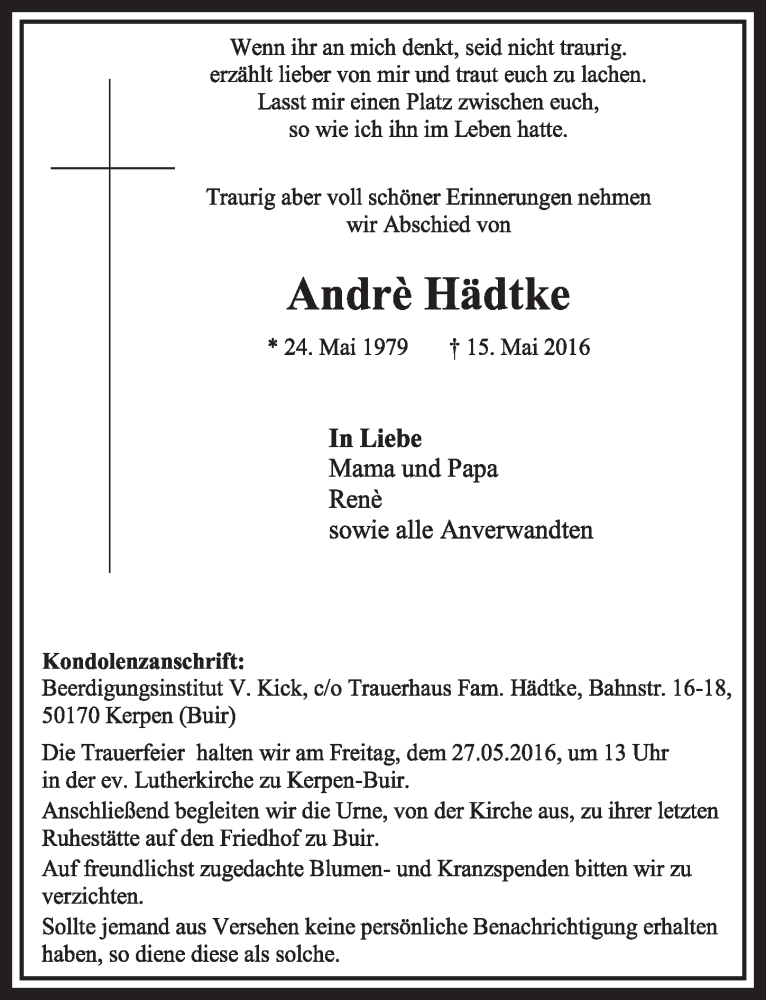  Traueranzeige für André Hädtke vom 21.05.2016 aus  Sonntags-Post 
