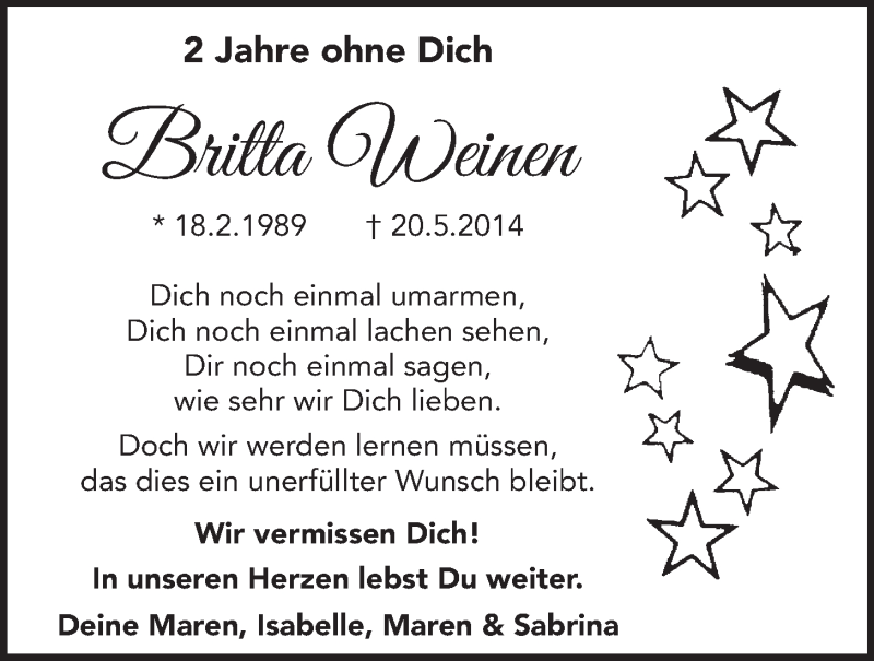  Traueranzeige für Britta Weinen vom 18.05.2016 aus  Schlossbote/Werbekurier 