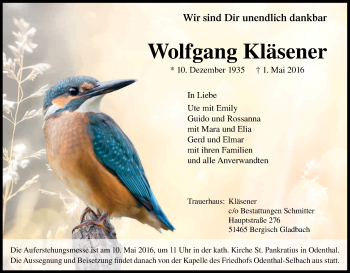 Anzeige von Wolfgang Kläsener von Kölner Stadt-Anzeiger / Kölnische Rundschau / Express