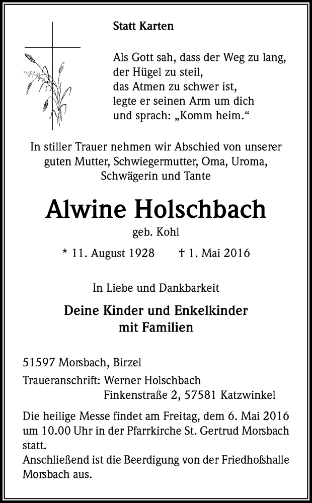  Traueranzeige für Alwine Holschbach vom 05.05.2016 aus Kölner Stadt-Anzeiger / Kölnische Rundschau / Express