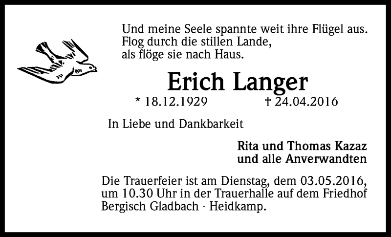  Traueranzeige für Erich Langer vom 30.04.2016 aus Kölner Stadt-Anzeiger / Kölnische Rundschau / Express