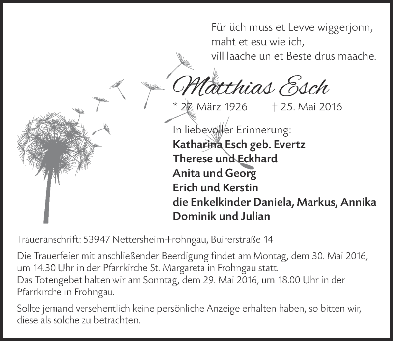  Traueranzeige für Matthiaas Esch vom 28.05.2016 aus  Blickpunkt Euskirchen 