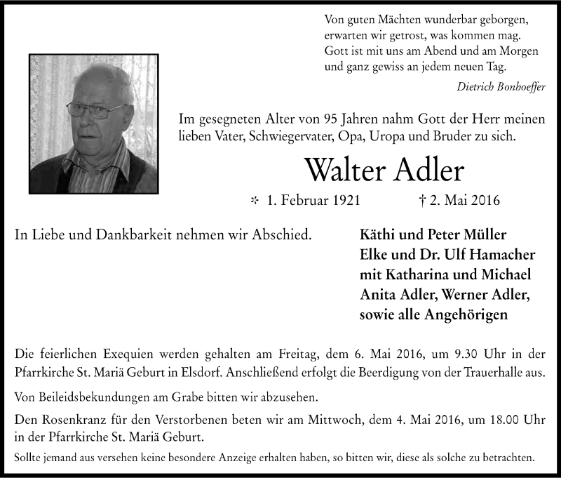  Traueranzeige für Walter Adler vom 04.05.2016 aus Kölner Stadt-Anzeiger / Kölnische Rundschau / Express