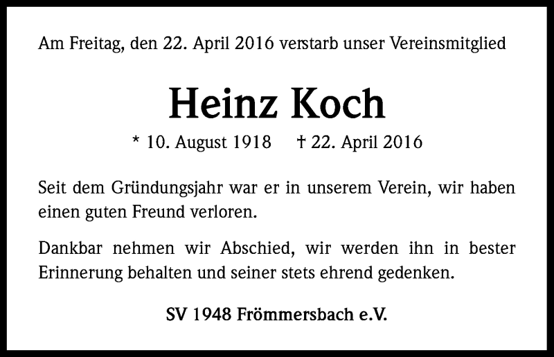  Traueranzeige für Heinz Koch vom 03.05.2016 aus Kölner Stadt-Anzeiger / Kölnische Rundschau / Express