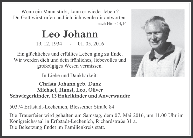 Traueranzeige für Leo Johann vom 04.05.2016 aus  Werbepost 