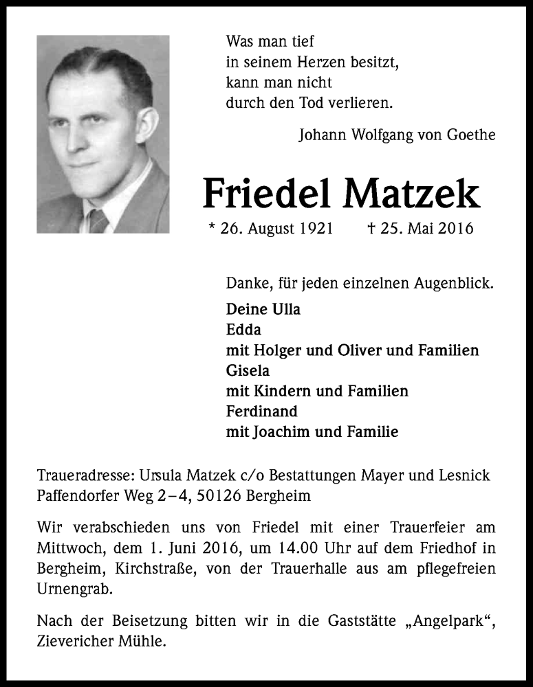  Traueranzeige für Friedel Matzek vom 28.05.2016 aus Kölner Stadt-Anzeiger / Kölnische Rundschau / Express