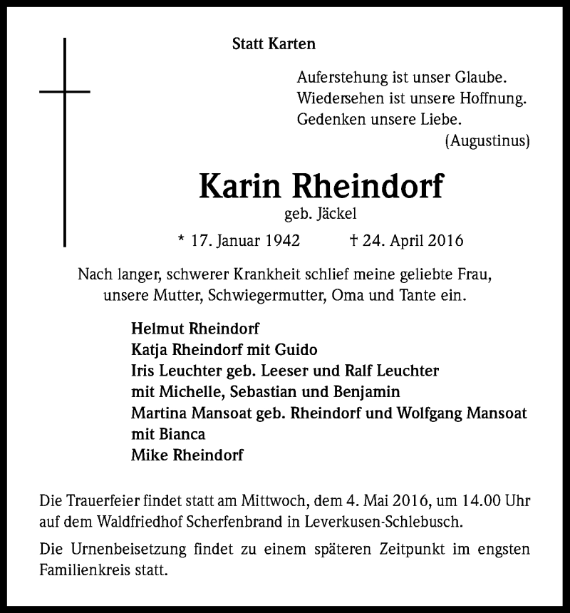  Traueranzeige für Karin Rheindorf vom 30.04.2016 aus Kölner Stadt-Anzeiger / Kölnische Rundschau / Express