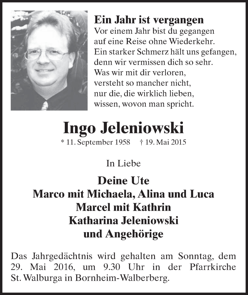  Traueranzeige für Ingo Jeleniowski vom 18.05.2016 aus  Schlossbote/Werbekurier 