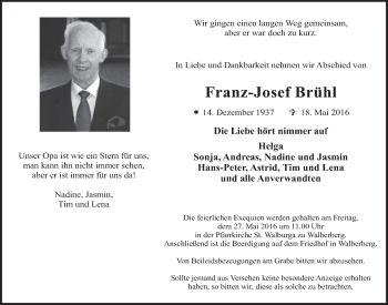 Anzeige von Franz-Josef Brühl von  Schlossbote/Werbekurier 