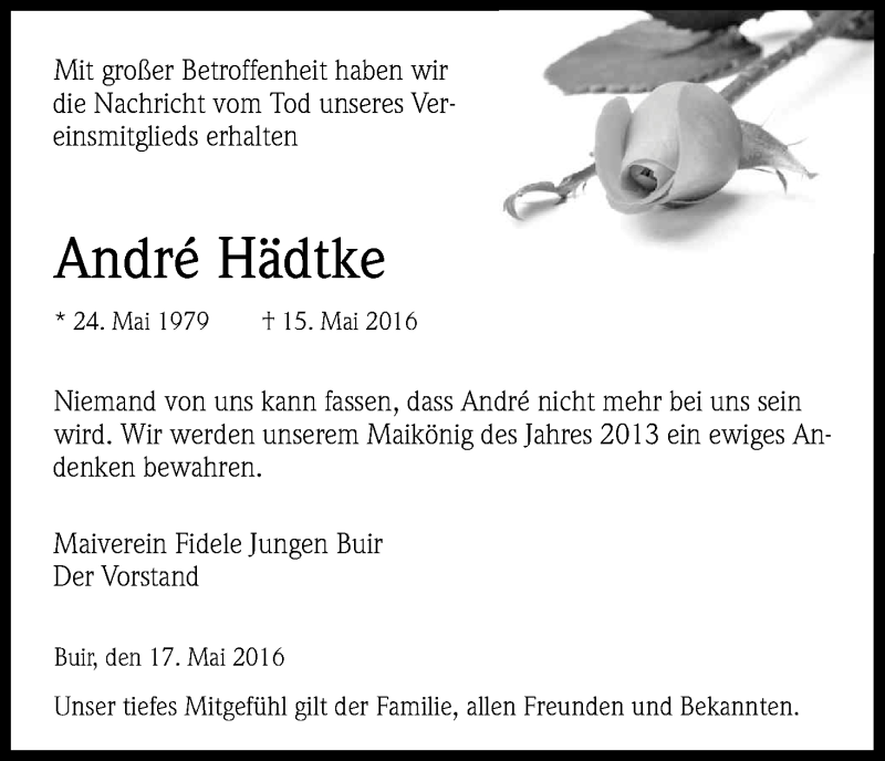  Traueranzeige für André Hädtke vom 21.05.2016 aus Kölner Stadt-Anzeiger / Kölnische Rundschau / Express
