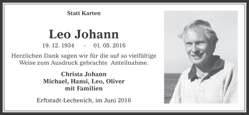  Traueranzeige für Leo Johann vom 01.06.2016 aus  Werbepost 