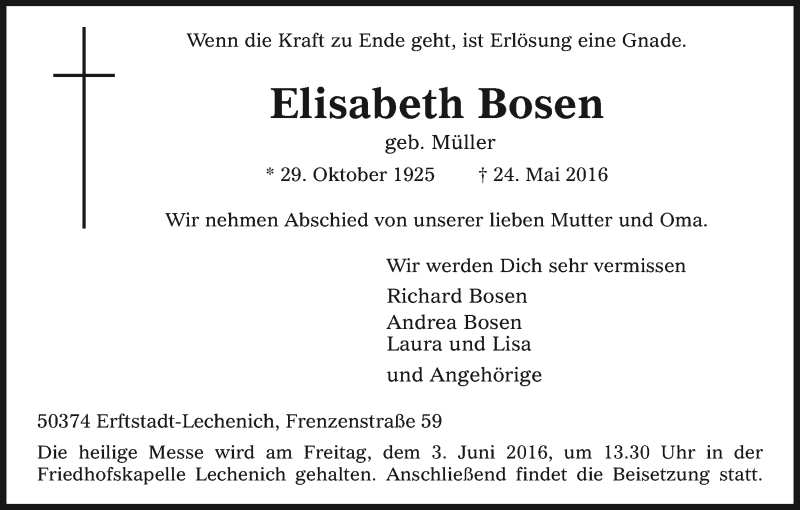  Traueranzeige für Elisabeth Bosen vom 28.05.2016 aus Kölner Stadt-Anzeiger / Kölnische Rundschau / Express