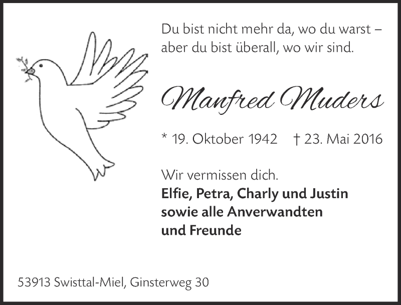  Traueranzeige für Manfred Muders vom 28.05.2016 aus  Blickpunkt Euskirchen 
