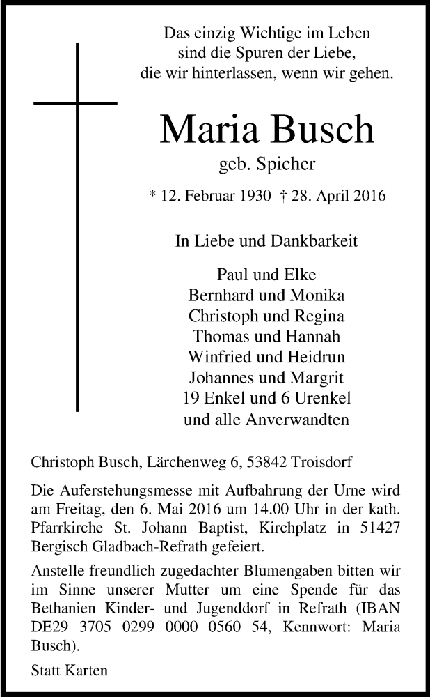  Traueranzeige für Maria Busch vom 30.04.2016 aus Kölner Stadt-Anzeiger / Kölnische Rundschau / Express