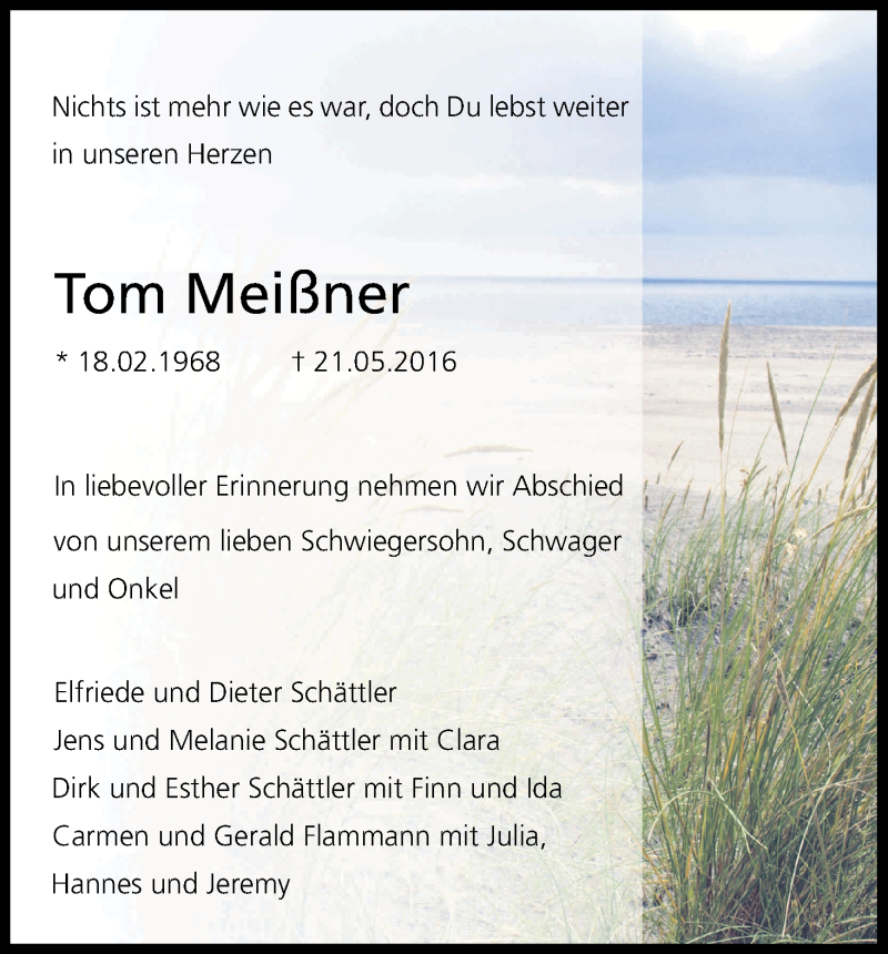  Traueranzeige für Tom Meißner vom 01.06.2016 aus Kölner Stadt-Anzeiger / Kölnische Rundschau / Express