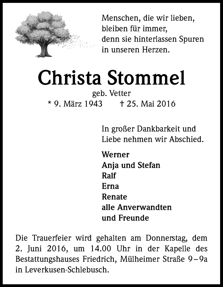  Traueranzeige für Christa Stommel vom 31.05.2016 aus Kölner Stadt-Anzeiger / Kölnische Rundschau / Express