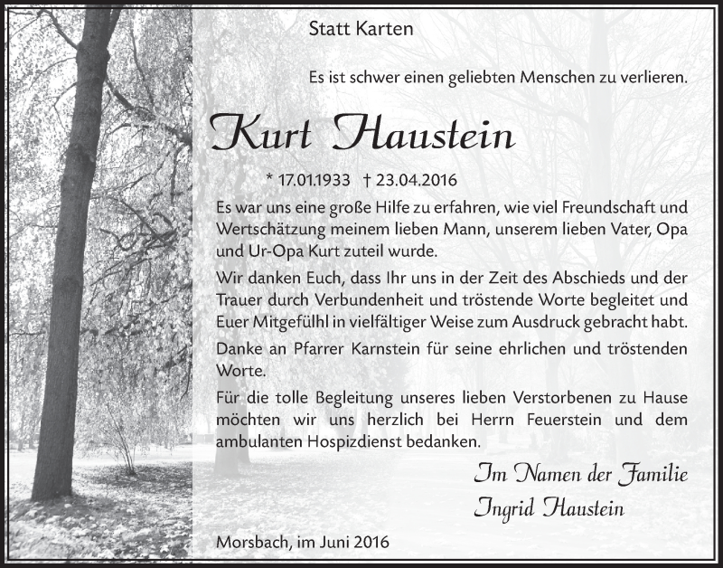  Traueranzeige für Kurt Haustein vom 01.06.2016 aus  Lokalanzeiger 