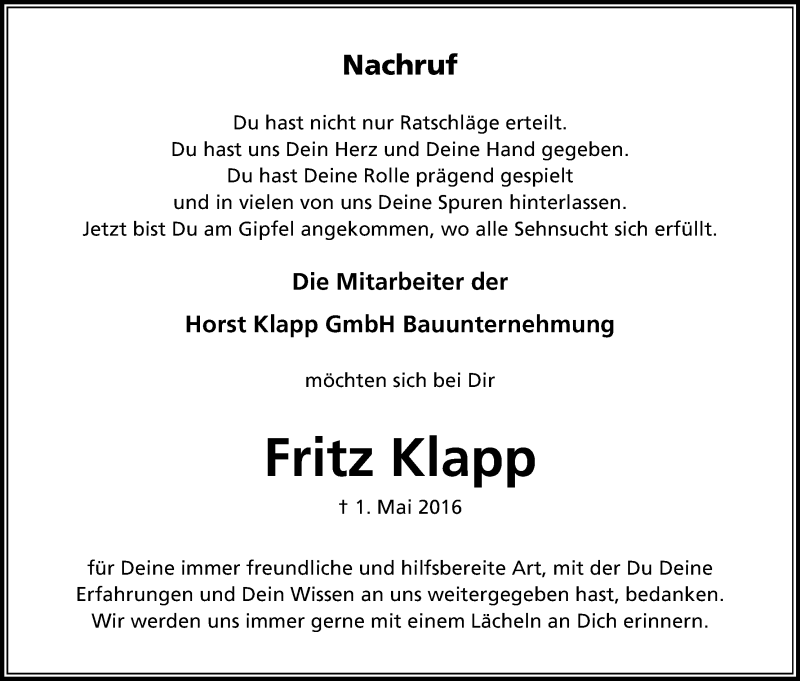  Traueranzeige für Fritz Klapp vom 07.05.2016 aus Kölner Stadt-Anzeiger / Kölnische Rundschau / Express