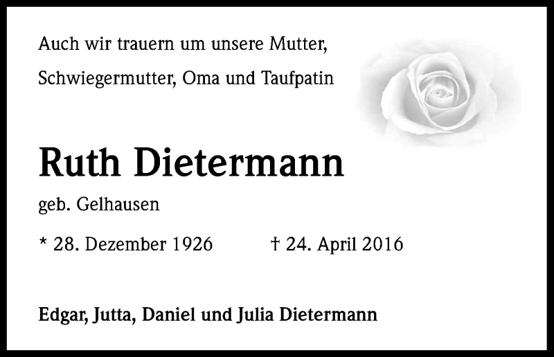  Traueranzeige für Ruth Dietermann vom 03.05.2016 aus Kölner Stadt-Anzeiger / Kölnische Rundschau / Express