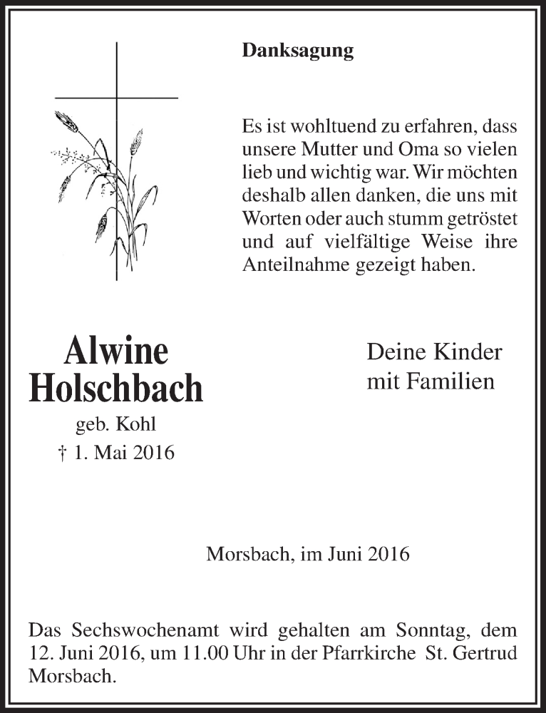  Traueranzeige für Alwine Holschbach vom 08.06.2016 aus  Lokalanzeiger 