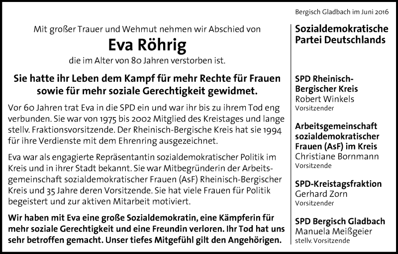  Traueranzeige für Eva Röhrig vom 22.06.2016 aus Kölner Stadt-Anzeiger / Kölnische Rundschau / Express