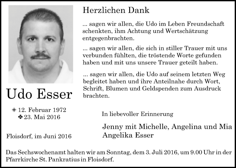  Traueranzeige für Udo Esser vom 25.06.2016 aus  Blickpunkt Euskirchen 