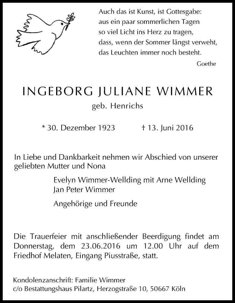  Traueranzeige für Ingeborg Juliane Wimmer vom 18.06.2016 aus Kölner Stadt-Anzeiger / Kölnische Rundschau / Express