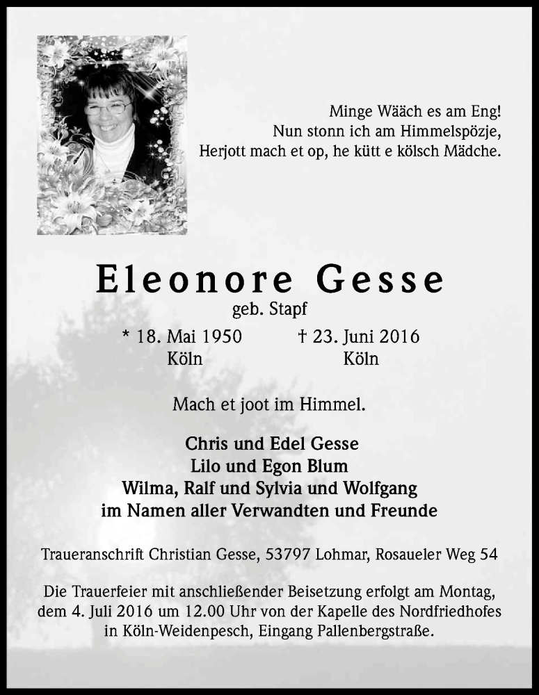  Traueranzeige für Eleonore Gesse vom 30.06.2016 aus Kölner Stadt-Anzeiger / Kölnische Rundschau / Express