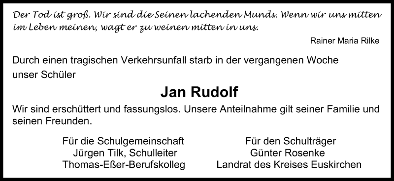  Traueranzeige für Jan Rudolf vom 23.06.2016 aus Kölner Stadt-Anzeiger / Kölnische Rundschau / Express